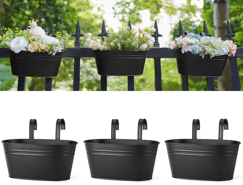 Metal Iron Hanging Flower Pots for Railing Fence Hanging Bucket Pots Countryside Style Window Flower Plant Holder with Detachable Hooks Home Decor,Black,3 Pcs